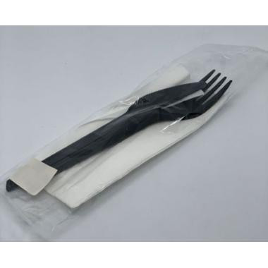 (2+1) Csomagolt evőeszköz-Superior-fekete villa+kés+szalv. címkézett  500cs/krt