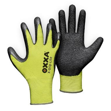 MJ 51-025 OXXA X-Grip-Lite latex tenyérmártott nejlon kesztyű, sárga/fekete 7