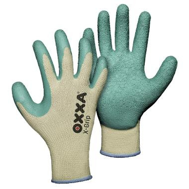 MJ 51-000 OXXA X-Grip latex tenyérmártott PES-pamut kesztyű, zöld/sárga 8