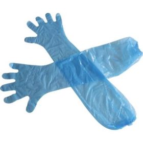   Vállig érő kék fóliakesztyű, gumírozott vállrész noi